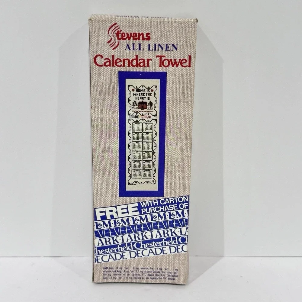 Vintage 1983 Stevens All Linen Calendar Towel Home Is Where The Heart Is w/Box